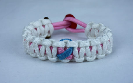 soft pink and white sids support paracord bracelet with red button back and tarheel blue and pink ribbon
