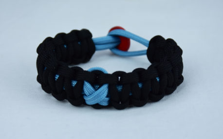 tarheel blue and black prostate support paracord bracelet with red button back and tarheel blue ribbon