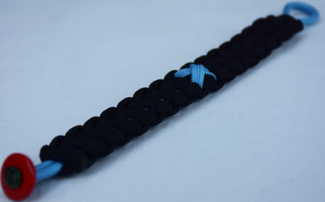 tarheel blue and black prostate cancer support paracord bracelet with red button in the bottom corner and tarheel blue ribbon