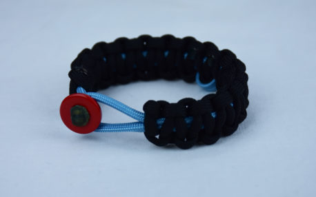 tarheel blue and black prostate cancer support paracord bracelet with red button front and tarheel blue ribbon