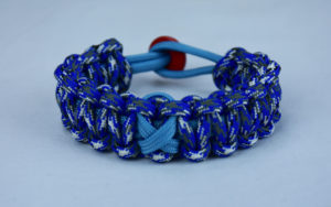 tarheel blue and blue camouflage prostate cancer support paracord bracelet with red button back and tarheel blue ribbon