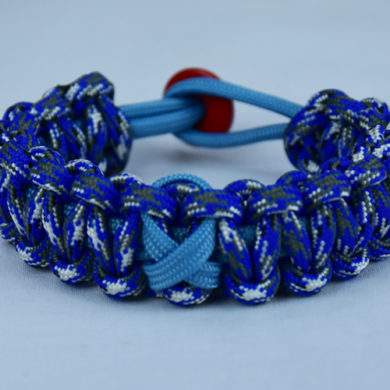 tarheel blue and blue camouflage prostate cancer support paracord bracelet with red button back and tarheel blue ribbon