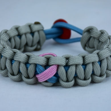 tarheel blue and grey sids support paracord bracelet with red back and tarheel blue and pink ribbon