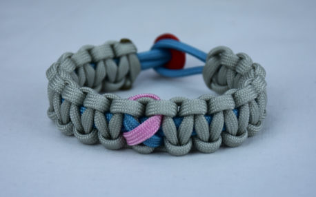 tarheel blue and grey sids support paracord bracelet with red back and tarheel blue and pink ribbon