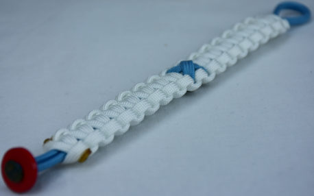 tarheel blue and white prostate cancer support paracord bracelet with red button in the corner and tarheel blue ribbon