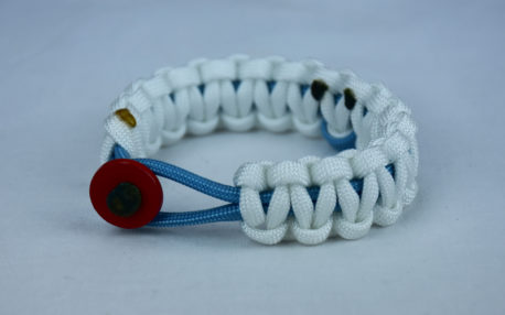 tarheel blue and white prostate cancer support paracord bracelet with red button front and tarheel blue ribbon