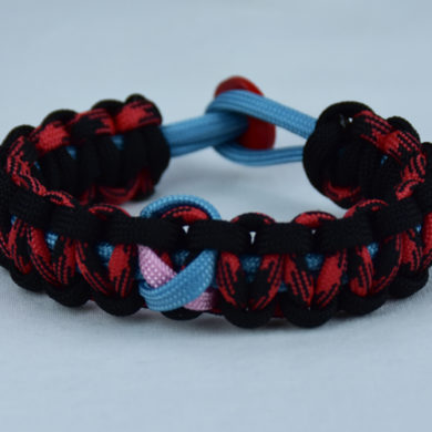 tarheel blue black and red and black camouflage sids support paracord bracelet with red button back and tarheel blue and soft pink ribbon