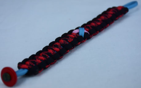 tarheel blue black and red and black camouflage sids support paracord bracelet with red button in the corner and tarheel blue and soft pink ribbon
