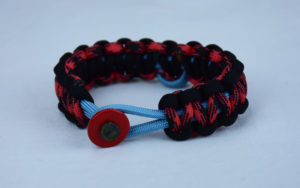 tarheel blue black and red and black camouflage sids support paracord bracelet with red button front and tarheel blue and soft pink ribbon