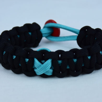 teal and black ptsd support paracord bracelet with red button back and teal ribbon