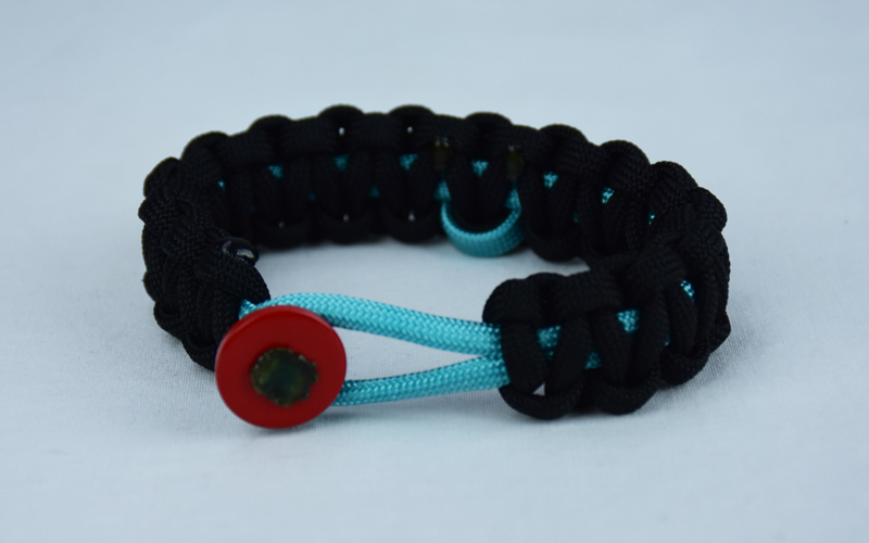 teal and black ptsd support paracord bracelet with red button in the front and teal ribbon