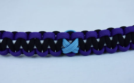 white purple and black prostate cancer support paracord bracelet with tarheel blue ribbon in center