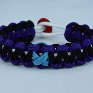 white purple and black prostate cancer support paracord bracelet with red button back and tarheel blue ribbon