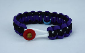 white purple and black prostate cancer support paracord bracelet with red button front and tarheel blue ribbon