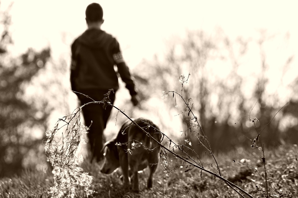 black and white photo of a boy walking his dog